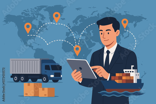 Transport and logistic concept. Freight shipping online. Businessman using tablet for global logistic network distribution and management. Supply chain and import export business.