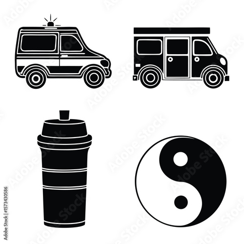 Ambulance van food truck yin yang symbol coffee cup vector