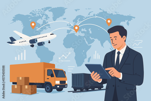 Transport and logistic concept. Freight shipping online. Businessman using tablet and data for global logistic network distribution on world map. Business import export.