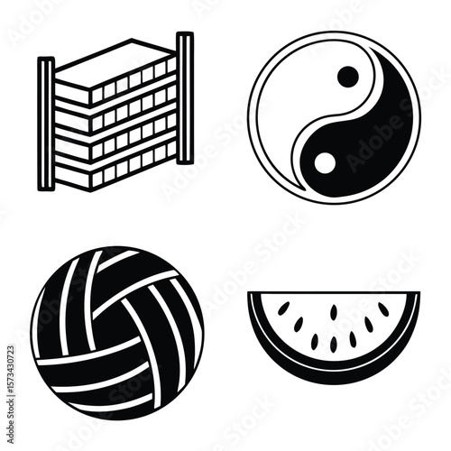 Black and white icons of a volleyball yin yang symbol watermelon slice and stadium vector