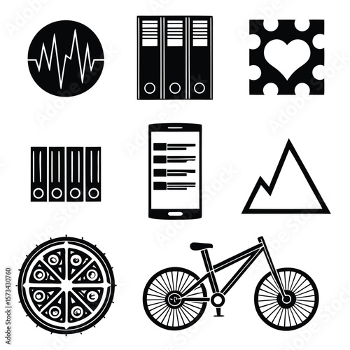 Black graphic icons including heart mountain phone bicycle binders and pizza vector