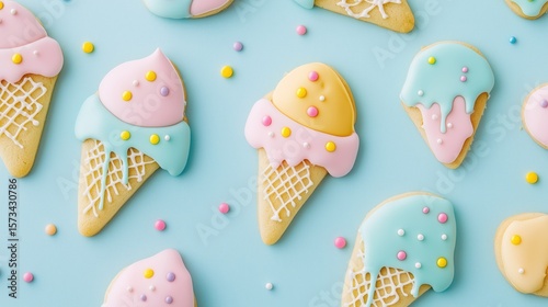 Iced sugar cookies shaped like ice cream cones on blue background – sweet treats and decorative dessert concept