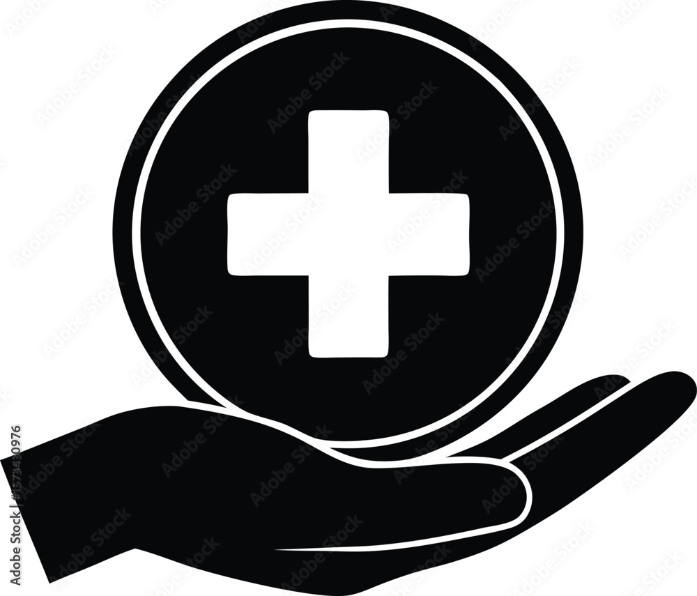 Fototapeta premium Black Silhouette of a Hand Gently Holding a Black Circle Icon with a White Medical Cross Symbol vector