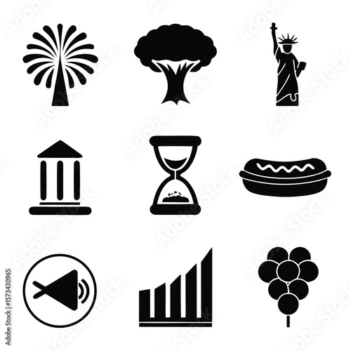Black silhouette icons of various objects and symbols vector