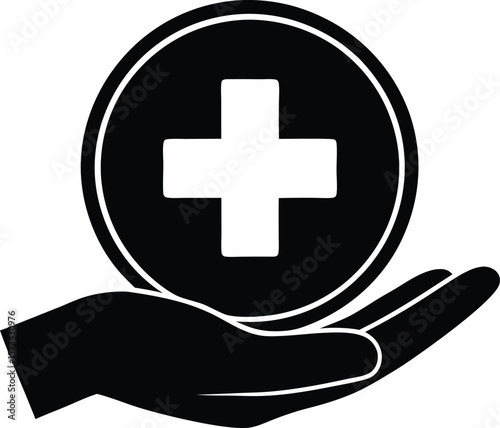 Black Silhouette of a Hand Gently Holding a Black Circle Icon with a White Medical Cross Symbol vector