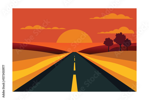 Long Country Road Between Fields During Sunset