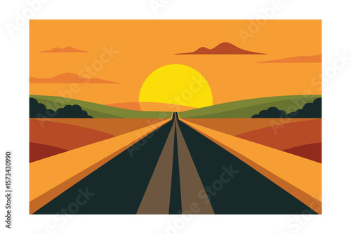 Long Country Road Between Fields During Sunset