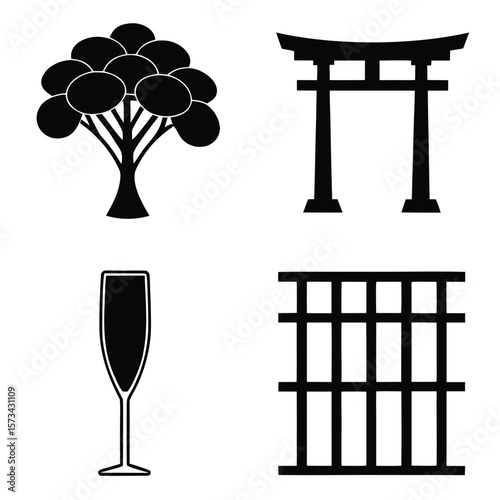 Black silhouette tree torii gate champagne glass and grid vector