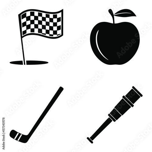 Checkered flag apple hockey stick telescope vector