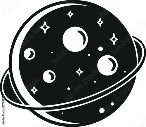 Bold Black and White Glyph Icon Depicting a Planet with Rings Moons and Stars Simple Space Graphic Element