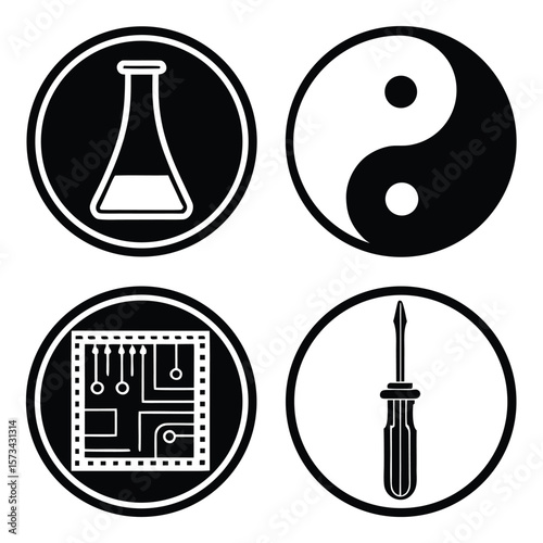 Flask yin yang circuit board screwdriver icons vector