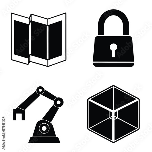 Folded map padlock robot arm geometric cube keyhole