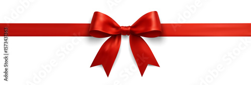 Realistic red satin ribbon with bow on white background for gift decoration