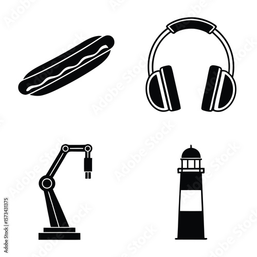 Hotdog headphones robot arm lighthouse icons food sausage