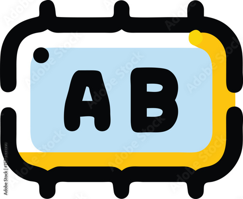 Bold Black Glyph Icon of a Blood Bag with Light Blue and Yellow Accents Displaying Letters A and B