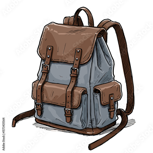 Vintage canvas backpack with leather details in illustrated style  