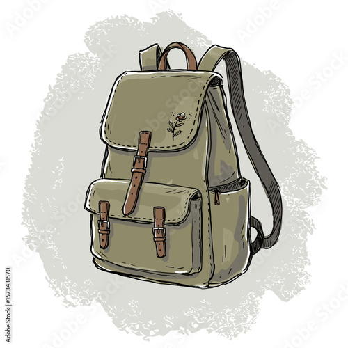 Vintage green backpack with leather straps and floral embroidery  