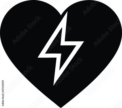 Bold Black Heart Shape Icon Featuring a White Lightning Bolt Symbol Inside Graphic Vector Element