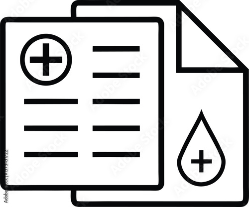 Bold Black Line Art Icon Depicting Medical Documents Plus Symbol Blood Drop Healthcare Report File Data Sheet