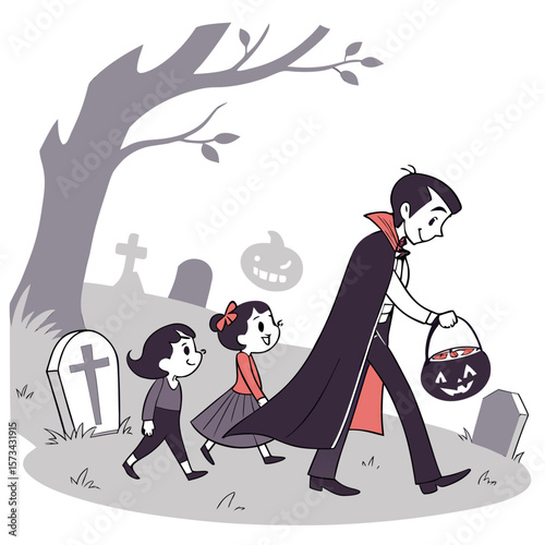 A father dressed as a vampire walks with his two daughters through a spooky graveyard on halloween night collecting candy in a pumpkin bucket