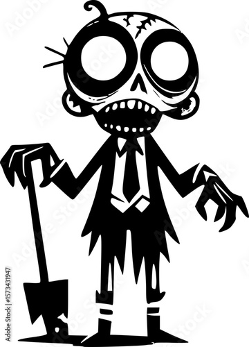 halloween drawing of a silly zombie character in a funny pose in black and white doodle style for halloween themed designs