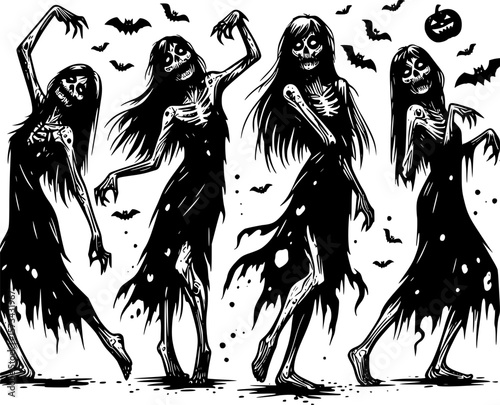halloween drawing of a silly zombie character in a funny pose in black and white doodle style for halloween themed designs