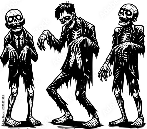 halloween drawing of a silly zombie character in a funny pose in black and white doodle style for halloween themed designs