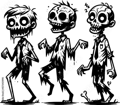 halloween drawing of a silly zombie character in a funny pose in black and white doodle style for halloween themed designs