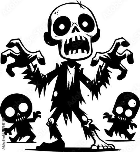 halloween drawing of a silly zombie character in a funny pose in black and white doodle style for halloween themed designs