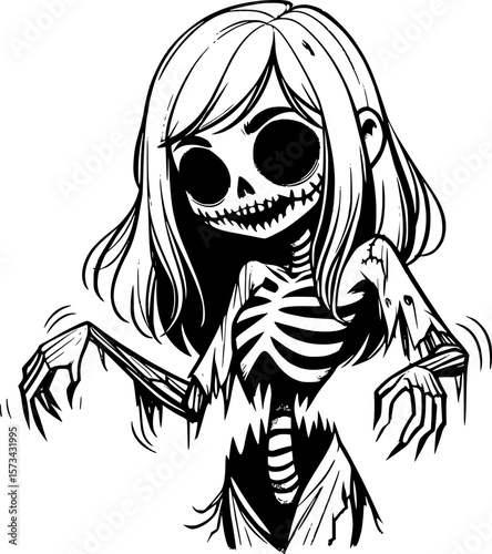 halloween drawing of a silly zombie character in a funny pose in black and white doodle style for halloween themed designs