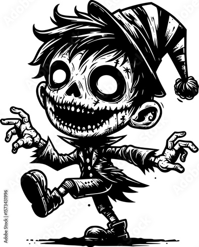 halloween drawing of a silly zombie character in a funny pose in black and white doodle style for halloween themed designs