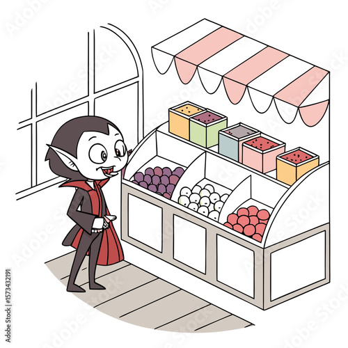 Cute cartoon vampire boy happily shopping for fresh fruit and colorful treats at a market stall with a striped awning on a sunny day