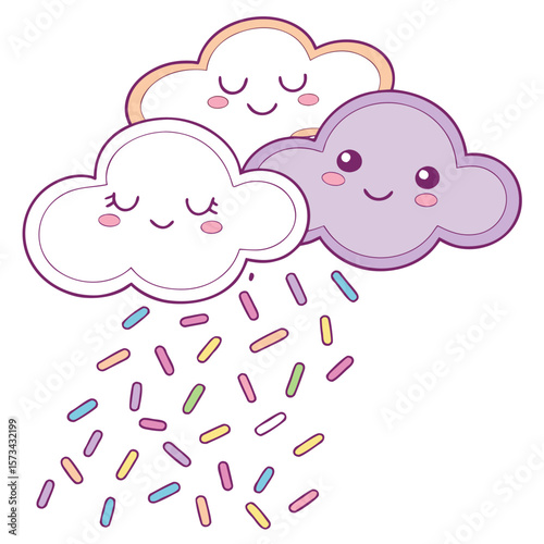 Cute kawaii clouds raining colorful sprinkles a whimsical and adorable illustration perfect for childrens designs and sweet themed projects