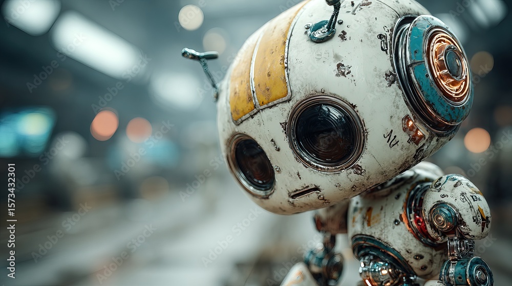 Fototapeta premium A weathered, adorable robot with large, expressive eyes stands in a blurred industrial or workshop setting.