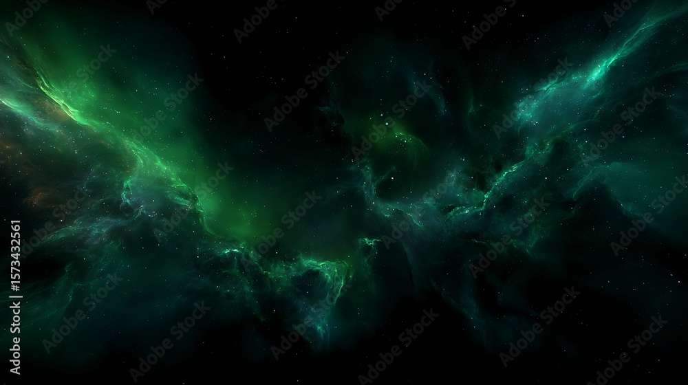 Fototapeta premium Deep space with immersive green nebulas and glowing stars, 3D depth.