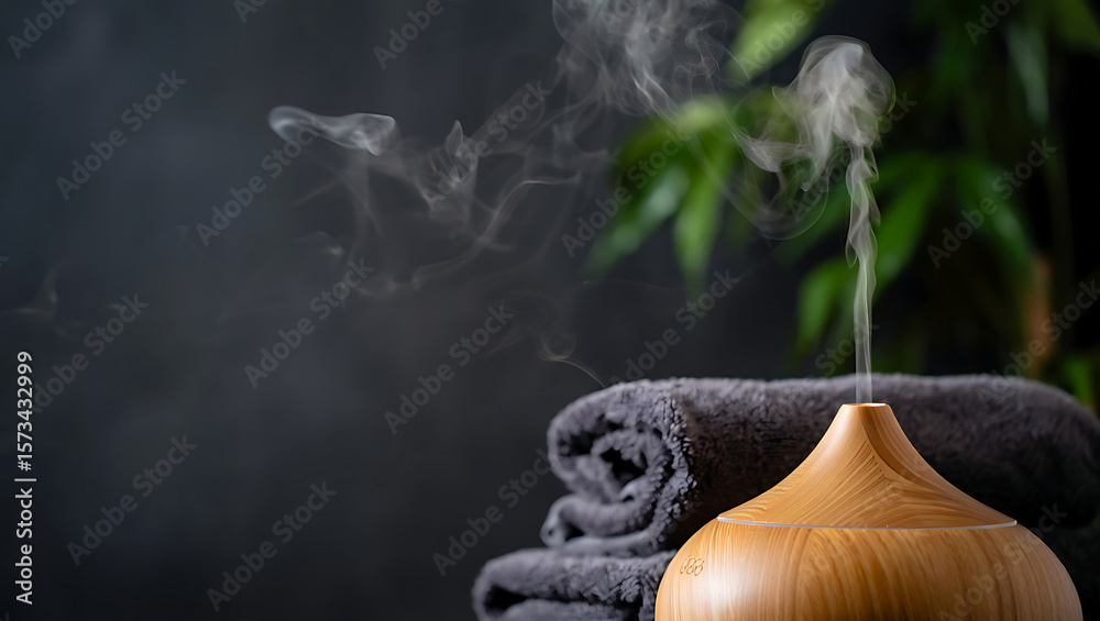 © GFX Cloud - Serene Spa Aromatherapy: Wooden Diffuser with Steam and Gray Towels © GFX Cloud - Serene Spa Aromatherapy: Wooden Diffuser with Steam and Gray Towels