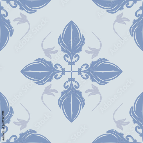 Traditional Luxury Fleur de lis Seamless Florals Pattern. Blue Silver Grey Color with Beautiful Scroll Ornament Medieval. Dainty Filigree Intricate Repeat Classy Detailed for Textiles Tiles Fabrics 