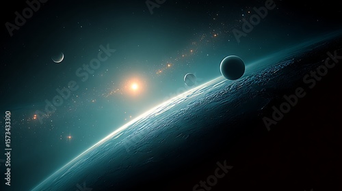 Fototapeta Naklejka Na Ścianę i Meble -  Cinematic outer space with stars and simple planets in dark silence.