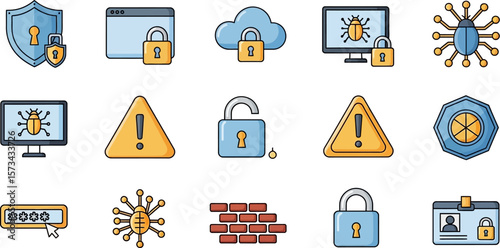 Cybersecurity icons set for data protection and network security solutions