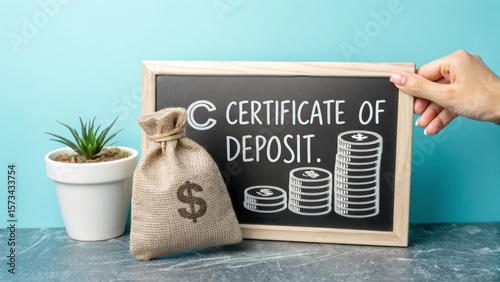 Hand grasping blackboard displaying certificate of deposit text, accompanied by coin stacks, money bag, small plant on marble surface with turquoise backdrop