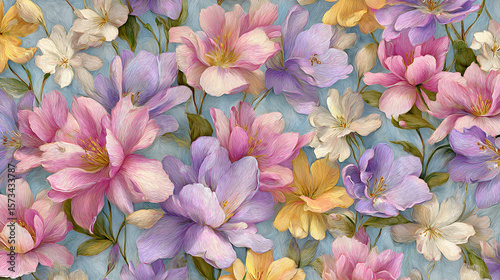 Serene Springtime Blossom: Pastel Floral Harmony with Artistic Hand-Drawn Charm