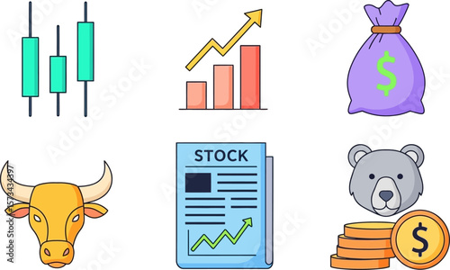 Stock market investment icons bull and bear market financial trading assets