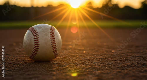 Baseball on field with sunset in background and vibrant light  