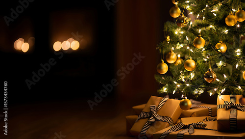 Warm Christmas Eve: Gold-Ornamented Tree, Presents, Firelight Glow