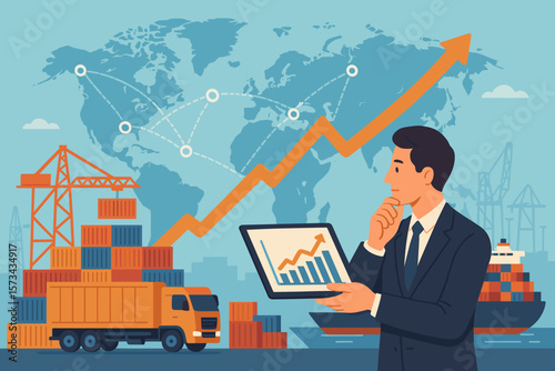 Businessman analyzing business growth. Global logistics network, supply chain management, distribution, transportation, import, export success concept with a world map background.