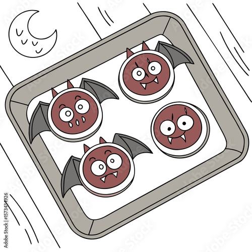 Cute cartoon bat cookies with fangs and wings sit on a baking sheet under a crescent moon perfect for halloween baking and spooky treats