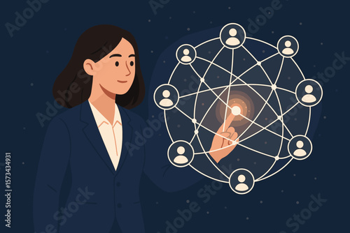 Business Woman Touching Global Network Structure, Data Exchange and Customer Connection Concept, Modern Flat Vector Cartoon Illustration on Dark Background
