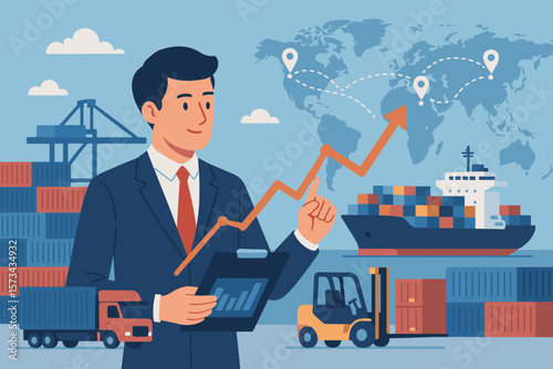 Businessman analyzing business growth, global logistics network, distribution, transportation success, industrial container cargo background, modern flat vector art