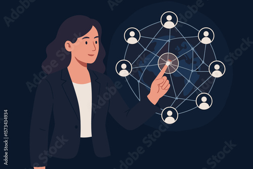Business woman touching global network. Data exchange, customers connection. Social media management, CRM, futuristic technology. Modern flat vector cartoon illustration.