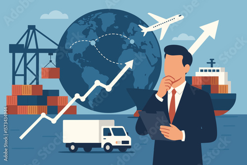 Businessman analyzing business growth, global logistics, distribution, transportation success, container cargo, shipping, freight, supply chain, global trade, flat vector